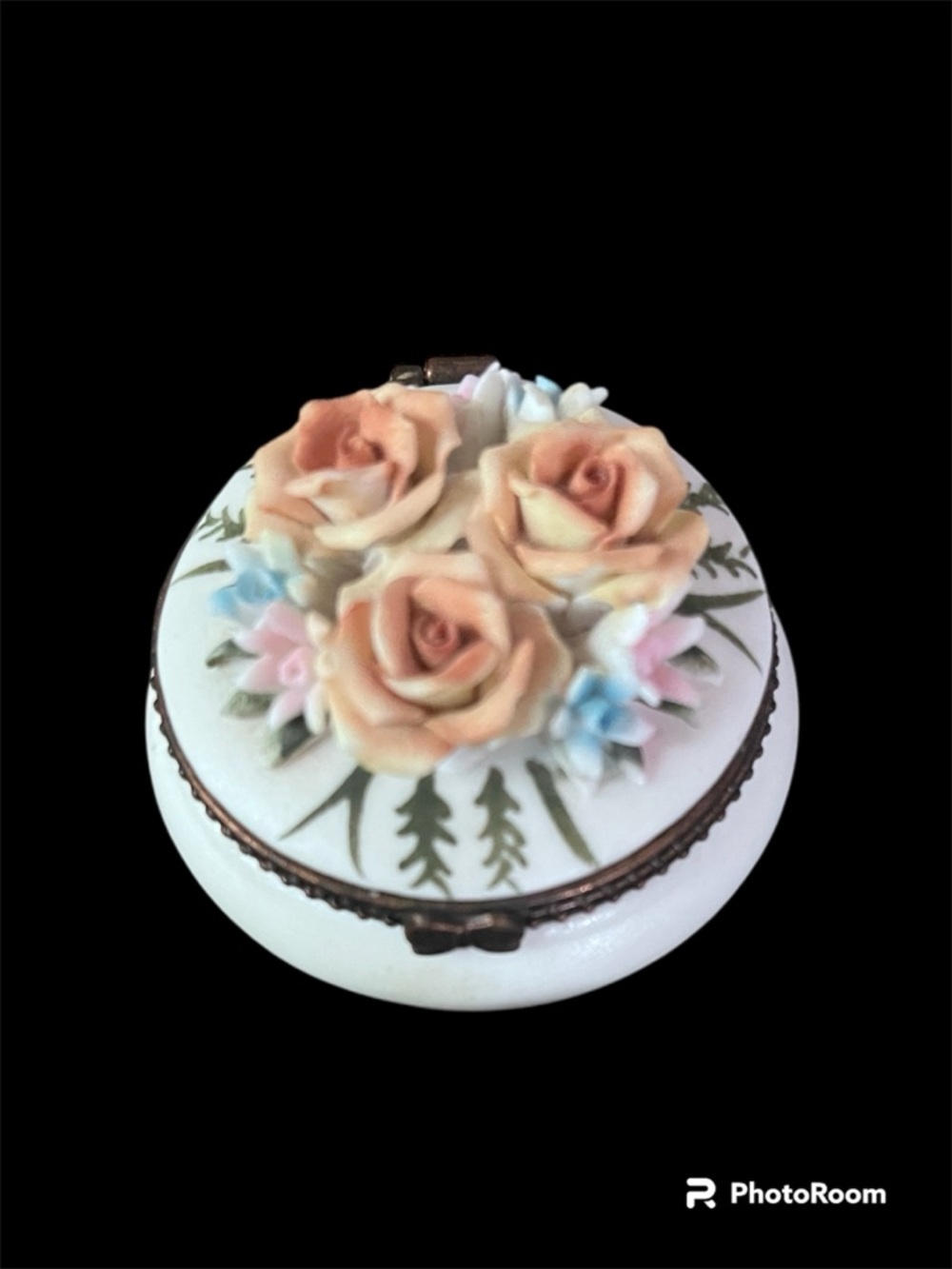 Vintage bisque porcelain mini Trinket Ring Box with Peach Roses